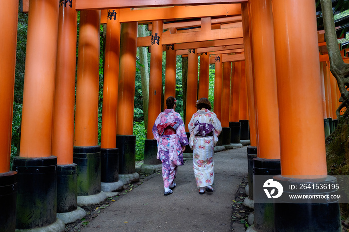 穿着传统日本服装的人走在伏见稻荷井寺的Torii小路上