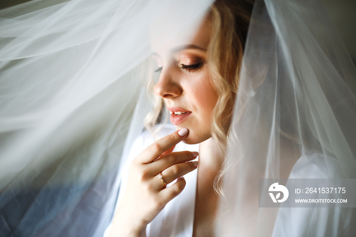 Portrait of beautiful bride with fashion veil at wedding morning. A photo of delicate brides hands 