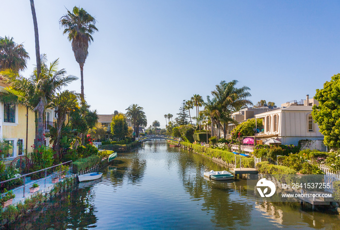 old canals of Venice, build by Abbot Kinney in California, beautiful living area with boats and resi