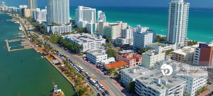 Miami Beach aerial view, Florida from drone viewpoint. Indian Creek and city skyline on a wonderful 