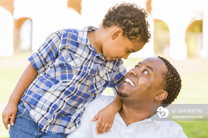 Happy Mixed Race Father and Son Playing