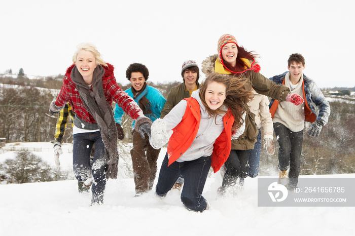 一群青少年朋友在雪景中玩得很开心