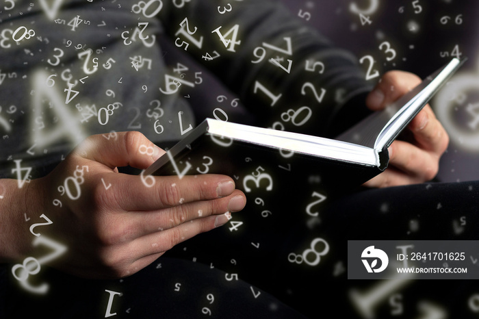 numerology, a man holds an open book in his hands, surrounded by numbers