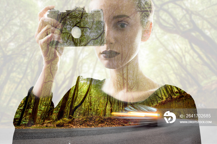 Portrait of young woman with photo camera with double exposure image technic combinated with green f