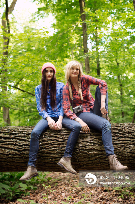 Female friends sitting on log in forest