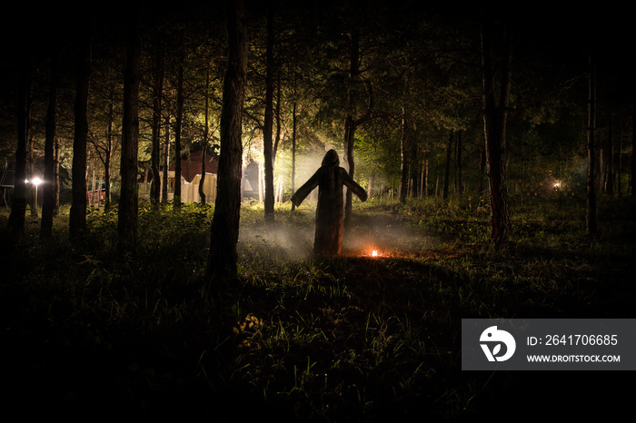 夜晚黑暗森林中的奇怪光线。站在黑暗森林中有光线的人的剪影