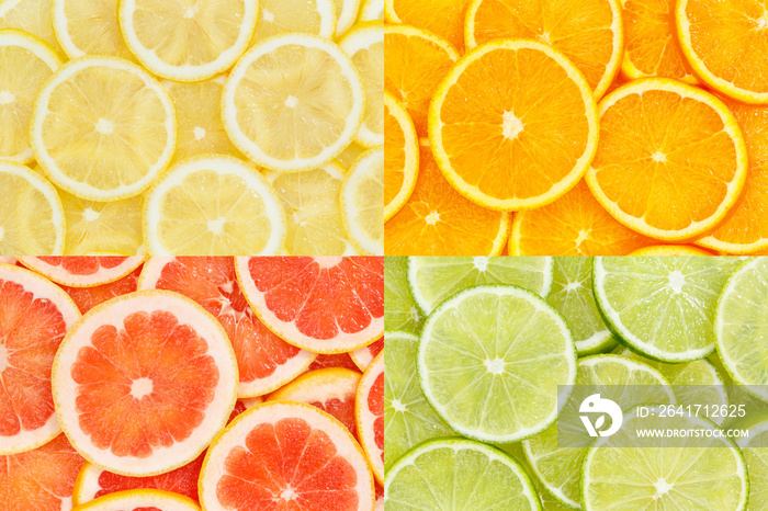 Citrus fruits oranges lemons food background collection collage set fruit