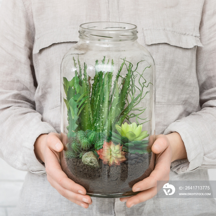 Woman holding glass jar with succulent plants