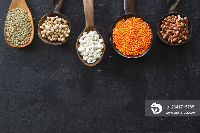 不同类型的生干豆类成分。白豆、扁豆、红扁豆、鹰嘴豆和儿童