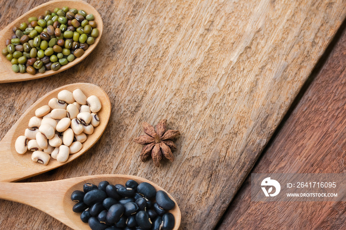 Health food and Eat healthy with legumes in wooden spoon on wooden table. Nutrition high protein die