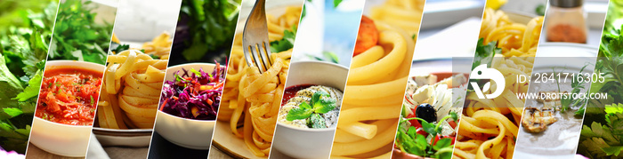 Food collage. Variety of vegetarian and vegan food. Delicious vegetable dishes.