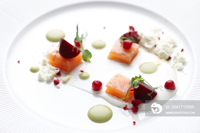 Salmon served in a restaurant specializing in molecular cuisine