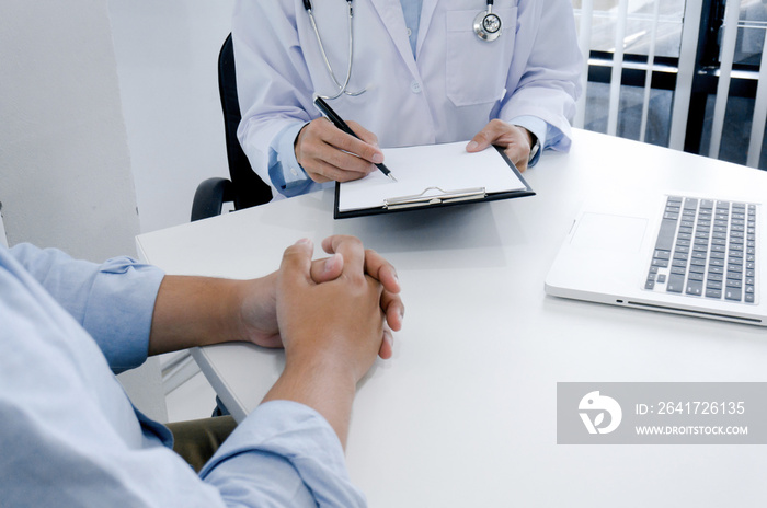 Professional medical doctor in white uniform gown coat interview consulting patient.