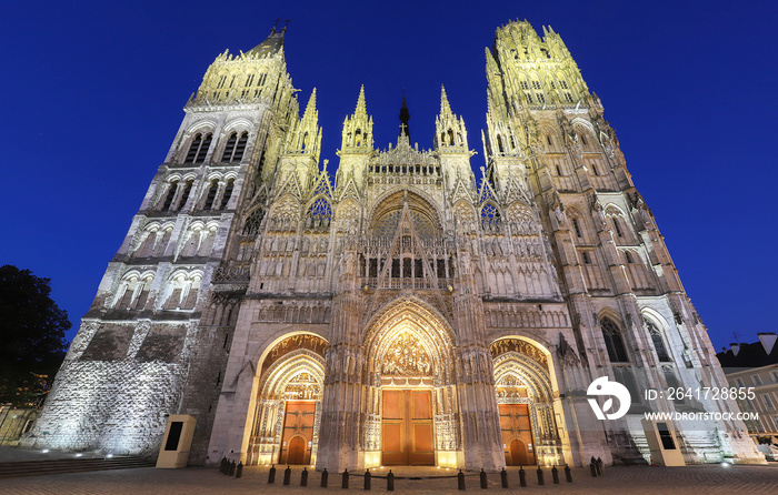 Famous Notre-Dame de Rouen cathedral at twilight, Rouen, Normandy, France .