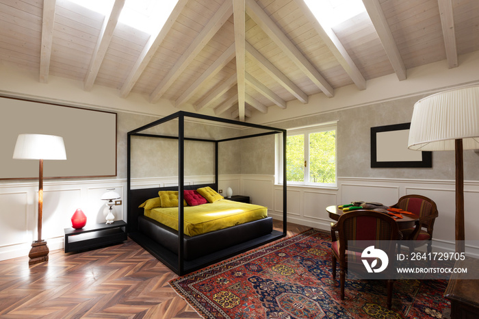 Bedroom with four-poster bed and green blankets