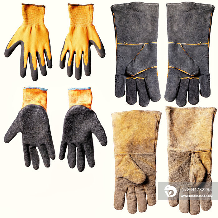 用于维修工作的各种白底工作手套。