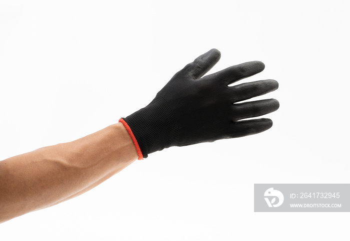 Man hand with black anti slip gloves on white background