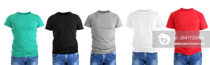 Different male t-shirts on white background