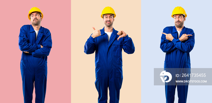 Set of Young workman with helmet making good-bad sign. Undecided person between yes or not on colorf