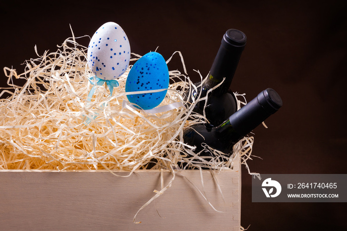 easter two bottle vine eggs box drawer wooden blue white red straw splints couple few yellow dutch u