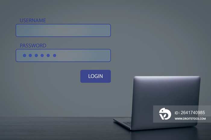 用户名和密码。全球网络连接。木制桌子上的笔记本电脑