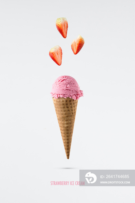 Strawberry ice cream flavor in cones with fresh strawberry setup on white background . Summer and Sw