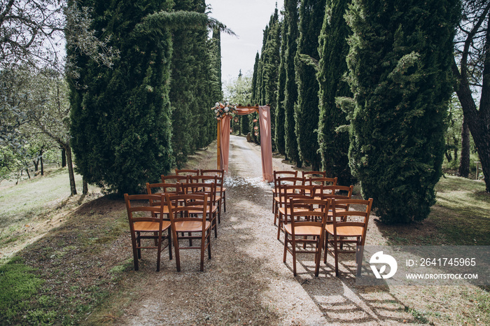 on the cypress avenue in Tuscany there is an arch for the wedding ceremony, which is decorated with 