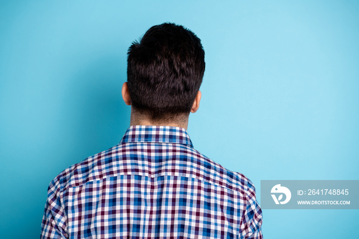 Rear back behind close-up photo portrait of handsome confident attractive he him guy wearing street 