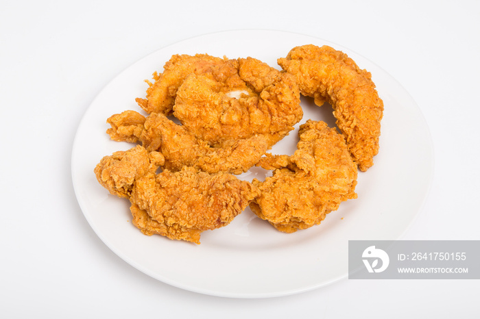 Fried Chicken Strips on White Plate and Background