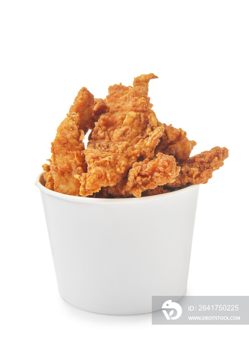 Tasty nuggets in paper bowl on white background