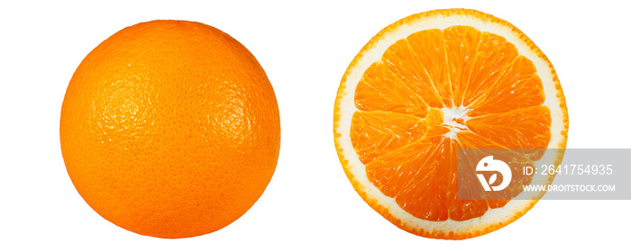 Orange fruits and orange clipping path or slice isolated on white background.