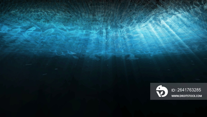Deep blue underwater with sunlight rays shining through ocean surface. 3D illustration rendering sce