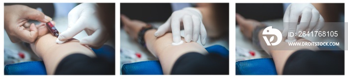 Set:Nurse collecting blood samples from patient for analysis on the annual health,( focus on syringe