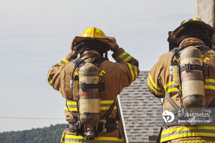 Rear view of two firefighters