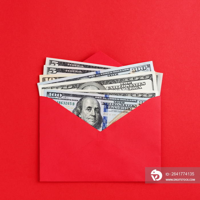 American dollars in cash in red envelope on minimal style bright background. Money mail, finance wea