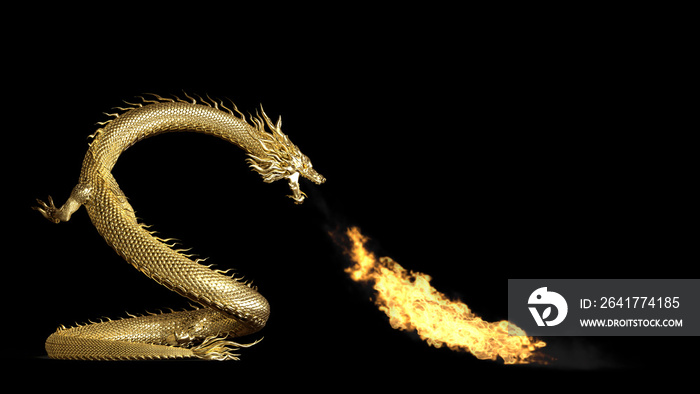 全身金色中国龙姿势吐火到地板，3d渲染包括阿尔法剪辑路径。