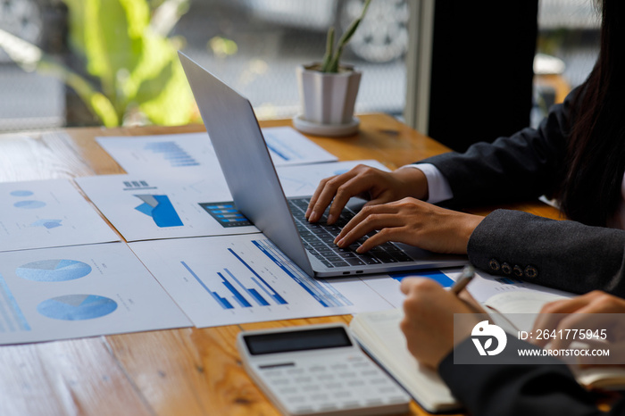 Business team present. Business man hands hold documents with financial statistic stock photo, discu