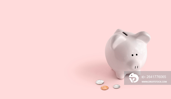 piggy bank with US coins, white piggy with pink background bottom right corner