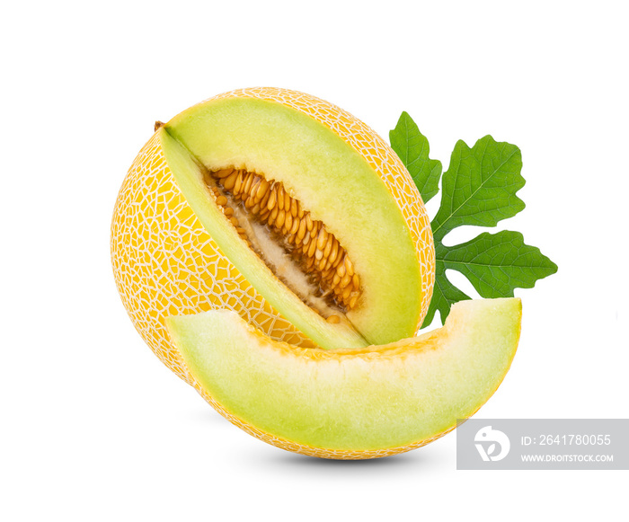 yellow cantaloupe melon with leaf  isolated on white background. full depth of field