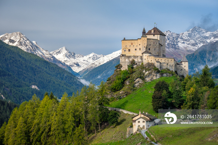 Mountains surrounding Tarasp castle, in the canton of Graubünden (Engadin) Switzerland. Tarasp is a 