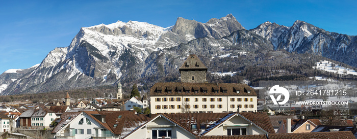 瑞士梅恩菲尔德田园诗般的历史名城冬季山地景观全景