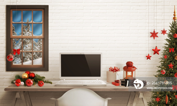 White Santa laptop on table. Christmas tree, gifts, decorations in background.