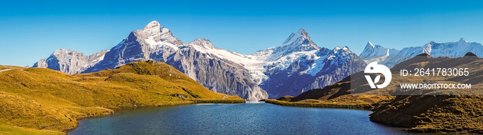 Panorama over the Bachalpsee during the famous hiking trail from First to Grindelwald (Bernese Alps,