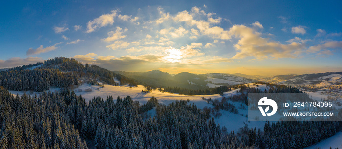 Panoramic view of the winter mountains. View from above. Landscape photo captured with drone. Silesi