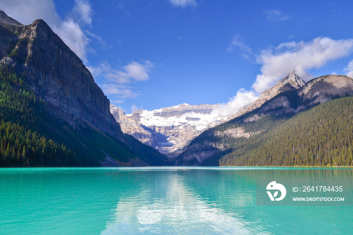 beautiful sunny day on Lake Louise, glacier fed light blue and turquoise waters, mountain peaks, gla