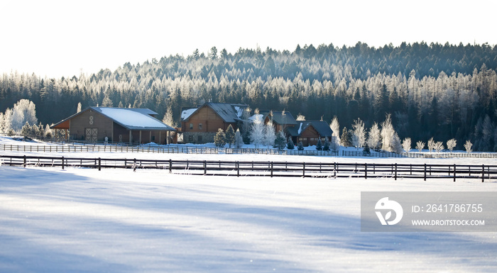 Country homestead with white frozen trees in winter on a cold morning in Montana, USA