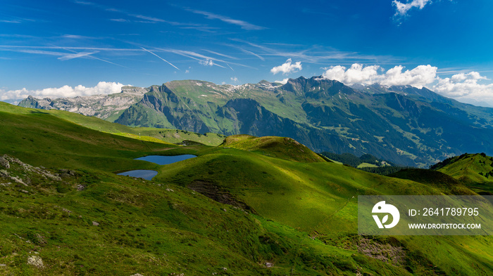 Switzerland, Panoramic view on green Alps around Mannlichen, Lauterbrunnen