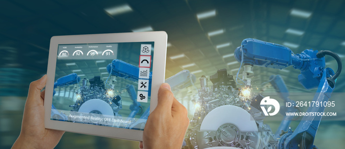 iot industry 4.0 concept,industrial engineer using software (augmented, virtual reality) in tablet t