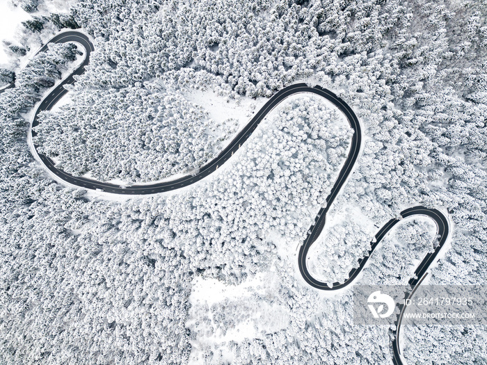 Aerial view of a road winding through snow covered forest