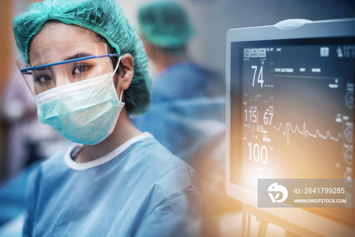 医院外科手术中配备心电图监测仪的医生或外科医生团队急诊r